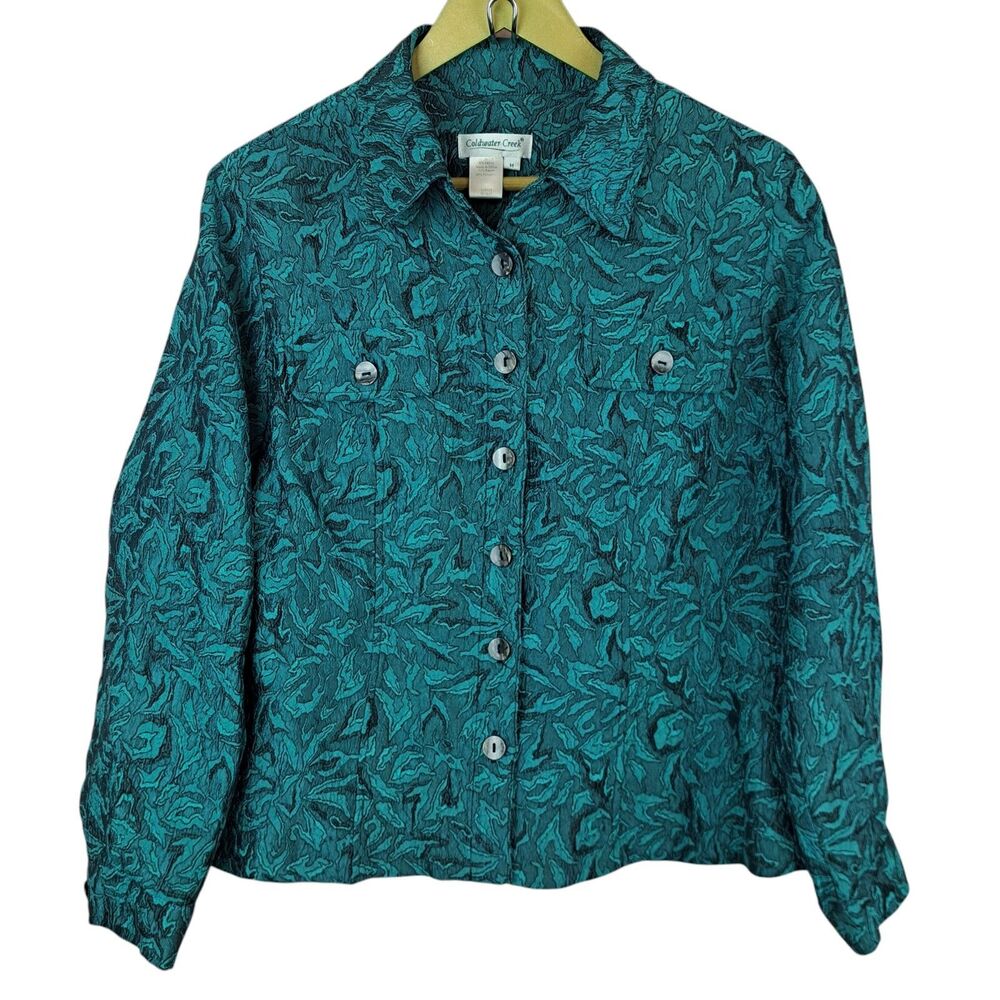 Coldwater Creek Button Up Blouse Emerald Embroidered Size M Long Sleeve